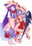  bat_wings blue_hair boots capelet coat crescent dress eichi_yuu fang hair_ribbon hat hat_ribbon highres holding_hands long_hair long_sleeves looking_at_viewer mob_cap multiple_girls open_clothes open_coat patchouli_knowledge pink_dress pink_footwear pointy_ears puffy_short_sleeves puffy_sleeves purple_eyes purple_hair red_eyes remilia_scarlet ribbon sash short_sleeves smile striped striped_dress touhou tress_ribbon very_long_hair wide_sleeves wings wrist_cuffs 