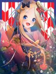  1girl :d abigail_williams_(fate/grand_order) absurdres bangs black_bow blonde_hair blue_eyes blush bow commentary_request eyebrows_visible_through_hair fate/grand_order fate_(series) floral_print flower forehead hair_bow hair_flower hair_ornament heart highres japanese_clothes kimono long_hair long_sleeves looking_at_viewer obi one_side_up open_mouth orange_bow parted_bangs print_kimono red_flower red_kimono sash smile solo suisen-21 very_long_hair wide_sleeves yagasuri 