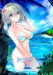  beach bikini blue_eyes blue_sky breasts cloud collarbone cowboy_shot day eyes_visible_through_hair flower front-tie_bikini front-tie_top hair_flower hair_ornament hair_over_one_eye hairclip hamakaze_(kantai_collection) hand_under_clothes hand_under_swimsuit kantai_collection large_breasts looking_at_viewer looking_to_the_side nako_(nakolusu) navel outdoors palm_tree short_hair side-tie_bikini silver_hair sky smile solo string_bikini swimsuit tree wading water 