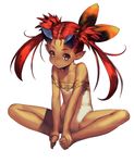  bare_arms bare_legs bare_shoulders barefoot child collarbone cozy dark_skin flat_chest foot_grab full_body hair_ornament horns leotard long_hair looking_at_viewer original pointy_ears red_hair simple_background sitting solo tan twintails white_background yellow_eyes 