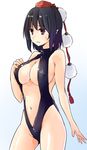  bare_arms bare_shoulders black_hair blush breasts cleavage_cutout gradient gradient_background hat kamukamu_(ars) large_breasts looking_away midriff navel one-piece_swimsuit parted_lips pointy_ears pom_pom_(clothes) red_eyes shameimaru_aya short_hair simple_background solo string sweatdrop swimsuit tokin_hat touhou 