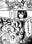  apologizing battle cannon commentary_request dress explosion firing greyscale haguro_(kantai_collection) horns jun'you_(kantai_collection) kantai_collection long_hair mittens monochrome multiple_girls nishinishi_(nagareboshi) northern_ocean_hime open_mouth pale_skin running scared shinkaisei-kan short_hair simple_background sweat tears translation_request weapon 