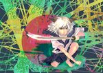  animal_ears bare_legs barefoot brown_eyes feet fighting_stance katana multicolored multicolored_background original school_uniform serafuku sword weapon white_hair 