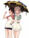  bad_id bad_pixiv_id black_hair blush brown_hair furukawa_wanosuke green_eyes hair_ornament hairclip kuraue_hinata multiple_girls open_mouth purple_eyes shared_umbrella short_hair smile umbrella yama_no_susume yukimura_aoi 