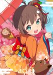  1girl 2019 absurdres animal bangs blurry blurry_background blush bow brown_hair cat_hair_ornament chinese_zodiac commentary depth_of_field egasumi eyebrows_visible_through_hair flower food green_eyes hair_between_eyes hair_flower hair_ornament hand_up high_ponytail highres holding holding_umbrella hololive japanese_clothes kimono long_sleeves looking_at_viewer looking_back natsuiro_matsuri obi okota_mikan orange_kimono oriental_umbrella pig red_bow red_flower red_umbrella sash shrimp shrimp_tempura side_ponytail sidelocks sleeves_past_wrists solo tempura umbrella virtual_youtuber wide_sleeves year_of_the_pig 