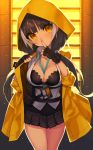  1girl backlighting bangs belt belt_buckle between_breasts black_bra black_gloves black_hair black_skirt blonde_hair blunt_bangs blush bra breasts buckle cleavage coat cowboy_shot eyebrows_visible_through_hair finger_to_mouth fingerless_gloves girls_frontline gloves head_tilt highres hood hood_up hooded_coat index_finger_raised itsumo_nokoru large_breasts long_hair long_sleeves looking_at_viewer low_twintails miniskirt multicolored_hair open_clothes open_coat pleated_skirt raincoat ro635_(girls_frontline) shushing skirt solo streaked_hair translation_request twintails underwear white_hair window 