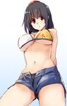  bikini_top black_hair breasts kamukamu_(ars) large_breasts looking_at_viewer midriff navel open_fly pointy_ears red_eyes shameimaru_aya shorts solo touhou underboob unzipped 