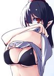  bikini bikini_under_clothes black_bikini black_hair breasts kamukamu_(ars) large_breasts looking_at_viewer pointy_ears red_eyes shameimaru_aya shirt_lift solo swimsuit swimsuit_under_clothes touhou underboob undressing upper_body 