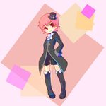  1girl androgynous boots bow buttons cross hantoumei_namako jacket long_sleeves pink_eyes pink_hair short_hair shorts simple_background smile solo top_hat 