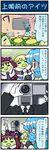  3girls 4koma =_= artist_self-insert blonde_hair blue_hair blush_stickers brown_hair closed_eyes comic commentary cosplay di_gi_charat highres himekaidou_hatate himekaidou_hatate_(cosplay) juliet_sleeves kappa long_sleeves majin_gappa microphone mizuhashi_parsee mizuhashi_parsee_(cosplay) mizuki_hitoshi movie_thief multiple_girls no_more_eiga_dorobou open_mouth puffy_sleeves raised_fist real_life_insert recording shirt skirt smile sweat tatara_kogasa television touhou translated twintails vest 