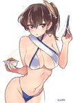  alternate_costume asymmetrical_clothes bare_arms bare_legs bare_shoulders breasts brown_eyes brown_hair food kaga_(kantai_collection) kantai_collection large_breasts looking_to_the_side nattou navel open_mouth revealing_clothes sensen side_ponytail sideboob solo swimsuit wide_hips 
