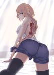  1girl backless_outfit bare_shoulders black_legwear blonde_hair blue_eyes blush enchuu eyebrows_visible_through_hair fate/grand_order fate_(series) hair_ribbon jeanne_d&#039;arc_(fate) jeanne_d&#039;arc_(fate)_(all) long_braid long_hair looking_at_viewer looking_back open_mouth ribbon shorts solo tattoo 