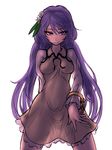  breasts chain cowboy_shot dress flower hair_flower hair_ornament legs_apart long_hair long_sleeves looking_at_viewer medium_breasts miata_(miata8674) naughty_face purple_eyes purple_hair see-through_silhouette short_dress simple_background sketch smile solo spread_legs standing touhou tsukumo_benben twintails very_long_hair white_background 