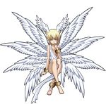  angel anklet blonde_hair bottomless bracelet clothed clothing digimon feathers freckles hair half-dressed human humanoid jewelry loincloth lucemon_(rookie) male mammal markings not_furry plain_background shota sitting smile smirk solo sparks220stars toga wings young 