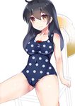  3: black_hair bow breasts brown_eyes chair hat hat_removed headwear_removed henet_hene kantai_collection large_breasts long_hair looking_at_viewer one-piece_swimsuit polka_dot polka_dot_swimsuit school_swimsuit sitting solo straw_hat swimsuit ushio_(kantai_collection) 