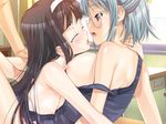  2girls blush breasts byakudan_midori glasses himenohara_suzuran indoor indoors kanojo_x_kanojo_x_kanojo kiss large_breasts lying multiple_girls nipples saliva school school_swimsuit swimsuit tongue yuri 