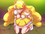  1girl areolae arms_behind_back bdsm blonde_hair blush bondage boots bound breasts breasts_outside clenched_teeth embarrassed female full-face_blush hairband highres kisaragi_yumi kise_yayoi kneeling large_breasts legs long_hair looking_at_viewer magical_girl miracle_peace nipples no_bra precure rope simple_background skirt smile_precure! solo suigin_cigarette sweat teeth thighs very_long_hair yellow_dress yellow_eyes 