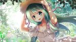  arms_up green_eyes green_hair hair_ribbon hat hatsune_miku long_hair looking_at_viewer maronie. open_mouth ribbon solo straw_hat vocaloid 