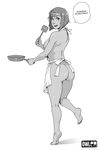  alternate_hairstyle apron ass avatar_(series) barefoot blush bob_cut breasts commentary dark_skin english from_behind frying_pan greyscale highres korra large_breasts md5_mismatch monochrome naked_apron owler revision short_hair sideboob sketch soles solo spatula speech_bubble the_legend_of_korra toes 