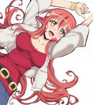  :d bangle bracelet breasts breasts_apart collarbone eyecatch fangs hair_ornament hairclip highres jewelry lamia large_breasts long_hair miia_(monster_musume) monster_girl monster_musume_no_iru_nichijou open_mouth pointy_ears red_hair scales simple_background slit_pupils smile solo very_long_hair white_background yellow_eyes 