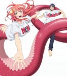  1girl :d barefoot black_hair blank_eyes bottomless breasts clothes_writing eyecatch fangs hair_ornament hairclip highres kurusu_kimihito lamia large_breasts long_hair miia_(monster_musume) monster_girl monster_musume_no_iru_nichijou open_mouth pointy_ears red_hair scales shirt simple_background slit_pupils smile t-shirt white_background yellow_eyes 