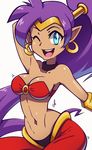  arabian_clothes belly_dancing blue_eyes breasts cleavage collar dark_skin earrings jewelry medium_breasts midriff navel one_eye_closed open_mouth pointy_ears ponytail purple_hair scott_bennett shantae_(character) shantae_(series) signature simple_background smile solo upper_body white_background 