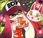  baseball_cap domino_mask hat inkling jacket kitsune kitsune_udon lantern letterman_jacket long_hair long_sleeves maruchan_(brand) maruchan_akai_kitsune_udon mask nika_(happyakuman) paper_lantern pink_hair pointy_ears solo splatoon_(series) splatoon_1 uneven_eyes yellow_eyes 