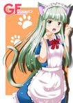 :d absurdres animal_ears apron bangs blue_dress blue_eyes blunt_bangs blush cat_ears cat_tail cowboy_shot dress girlfriend_(kari) green_background green_hair highres looking_at_viewer maid maid_headdress masaoka_mai md5_mismatch open_clothes open_mouth paw_pose simple_background smile solo sparkle tail tomaton 