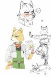  anthro belt black_nose blush brown_fur canine clothing eyewear fingerless_gloves fox fox_mccloud fur gloves green_eyes headset jacket male mammal nintendo plain_background scarf solo star_fox unknown_artist video_games white_fur 