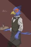  anthro avian bird blue_eyes english_text falco_lombardi male nintendo plain_background solo star_fox suit text unknown_artist video_games 
