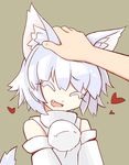  :d animal_ears bare_shoulders begonia closed_eyes detached_sleeves fang grey_background hands happy heart inubashiri_momiji open_mouth petting pom_pom_(clothes) ribbon-trimmed_sleeves ribbon_trim silver_hair simple_background smile solo tail touhou wolf_ears wolf_tail 