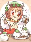  &gt;_&lt; 1girl :3 :d animal_ears brown_hair cat_ears cat_tail chen chopsticks closed_eyes food green_hat hat heart ibaraki_natou jewelry long_sleeves mob_cap multiple_tails nattou nekomata open_mouth short_hair single_earring smile tail tongue tongue_out touhou two_tails xd 