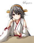  arm_support bare_shoulders black_hair brown_eyes chin_rest detached_sleeves elbow_rest fuyu_mi hair_ornament hairband hairclip haruna_(kantai_collection) headgear highres japanese_clothes jewelry kantai_collection light_smile long_hair looking_down nontraditional_miko ring smile solo wedding_band 