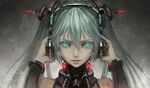  aqua_eyes aqua_hair bare_shoulders bryanth glowing glowing_eyes hands_on_headphones hatsune_miku highres long_hair long_sleeves looking_at_viewer parted_lips ringed_eyes silver_hair solo tattoo twintails upper_body vocaloid 