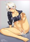  1girl aftersex ahoge angel_(kof) antenna_hair barefoot blue_eyes bottomless breasts censored cleavage cum cum_in_pussy cum_on_body cum_on_breasts cum_on_clothes cum_on_lower_body cum_on_upper_body cumdrip erect_nipples facial feet female hair_over_one_eye king_of_fighters large_breasts legs looking_at_viewer navel pussy short_hair simple_background sitting snk soles solo st.germain-sal thighs toes white_hair zipper 