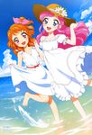  :d absurdres aikatsu! aikatsu!_(series) amahane_madoka barefoot blue_eyes blush cloud day dress feet hat highres holding_hands leg_lift legs lifted_by_self long_hair maemura_yoko multiple_girls non-web_source ocean off-shoulder_dress off_shoulder official_art oozora_akari open_mouth orange_hair pink_eyes pink_hair puffy_short_sleeves puffy_sleeves sakai_kasumi shimizu_keiichiro short_sleeves skirt_hold sky smile sundress water yaguchi_hiroko 