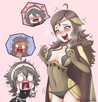  ahoge artist_name blue_hair blush breasts brown_hair cape center_opening circlet cleavage commentary cslucaris fire_emblem fire_emblem_if full-face_blush gloves hairband heart long_hair medium_breasts multiple_girls naughty_face o_o open_mouth ophelia_(fire_emblem_if) personality_switch soleil_(fire_emblem_if) tears white_gloves yuri 