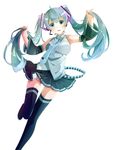  aqua_eyes aqua_hair asuku_(69-1-31) boots detached_sleeves hair_tousle hatsune_miku headset highres long_hair looking_at_viewer necktie simple_background skirt solo thigh_boots thigh_gap thighhighs twintails very_long_hair vocaloid white_background 