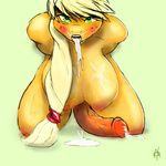  after_sex animal_genitalia anthro anthrofied applejack_(mlp) areola big_breasts blonde_hair blush breasts cum cum_in_mouth cum_inside cum_on_breasts cum_on_ground cum_on_tongue dickgirl equine freckles friendship_is_magic green_eyes hair half-closed_eyes half-erect hands_behind_back horse horsecock huge_breasts intersex kneeling looking_at_viewer mammal my_little_pony nipples nova_(artist) nude open_mouth orange_skin penis plain_background pony saliva solo teeth tongue vein veiny_penis 