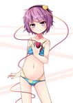  arai_togami bikini blue_bikini collarbone contrapposto hair_ornament heart komeiji_satori looking_at_viewer multi-strapped_bikini navel purple_eyes purple_hair smile solo standing swimsuit third_eye touhou 