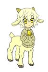  animal_ears bell blonde_hair capri_(mark_folks) centauroid commentary cow_bell english_commentary flat_chest full_body goat_ears goat_girl goat_horns goat_tail hands_on_own_chest highres hooves mark_folks monster_girl multiple_legs original simple_background slit_pupils solo sweater white_background yellow_eyes 