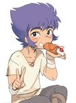  bad_id bad_pixiv_id blue_eyes blue_hair cancer_death_mask cannoli child cream cream_on_face eating food food_on_face indian_style looking_at_viewer male_focus nemu_(nora) saint_seiya sitting solo v younger 