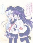  2girls akatsuki_(kantai_collection) anchor_symbol blush closed_eyes dated flat_cap grey_eyes hat hibiki_(kantai_collection) hug hug_from_behind junako kantai_collection long_hair multiple_girls neckerchief purple_hair school_uniform serafuku silver_hair skirt spoken_ellipsis thighhighs translated twitter_username 