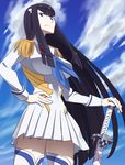  bad_id bad_pixiv_id black_hair blue_eyes blue_sky cloud day epaulettes eyebrows hand_on_hip highres junketsu kill_la_kill kiryuuin_satsuki long_hair looking_at_viewer o-nashi_neko sky solo sword thick_eyebrows weapon 