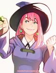  annie_mei annie_mei_project breasts caleb_thomas cloak cosplay earrings green_eyes hat jewelry lips lipstick little_witch_academia long_hair makeup medium_breasts pink_hair revision smile solo wand witch_hat 