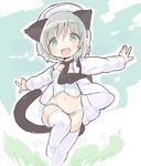 :d animal_ears black_neckwear blue_eyes blush cat_ears cat_tail grey_hair groin hat leg_up navel necktie okayu_(headless) open_mouth outstretched_arms panties sanya_v_litvyak short_hair side-tie_panties smile solo strike_witches tail thighhighs underwear white_legwear white_panties world_witches_series 