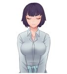  alternate_hairstyle animated animated_gif blue_eyes bouncing_breasts breasts casual emofuri eyebrows kill_la_kill kiryuuin_satsuki large_breasts shirt short_hair solo spoilers tasselcat thick_eyebrows white_background 