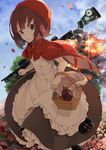  :o basket bottle brown_hair cape dress explosion explosive flower grenade gun highres hood little_red_riding_hood little_red_riding_hood_(grimm) looking_at_viewer original purple_eyes rifle solo tsukugu weapon 