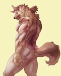  abs absurd_res biceps brown_fur brown_hair butt canine claws dog fur german_shepherd green_eyes hair hi_res istani looking_back male mammal muscles nude pecs plain_background ponytail rear_view solo yellow_background 