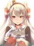  amatsukaze_(kantai_collection) bangs brown_eyes closed_mouth face gloves hair_tubes highres kantai_collection long_hair looking_at_viewer red_legwear rensouhou-kun sailor_collar silver_hair single_glove smile solo thighhighs two_side_up white_gloves zucchini 